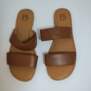 R2 Brown Faux Leather Double Strap Slide‎ Sandals Flats Women's Size 7 Summer